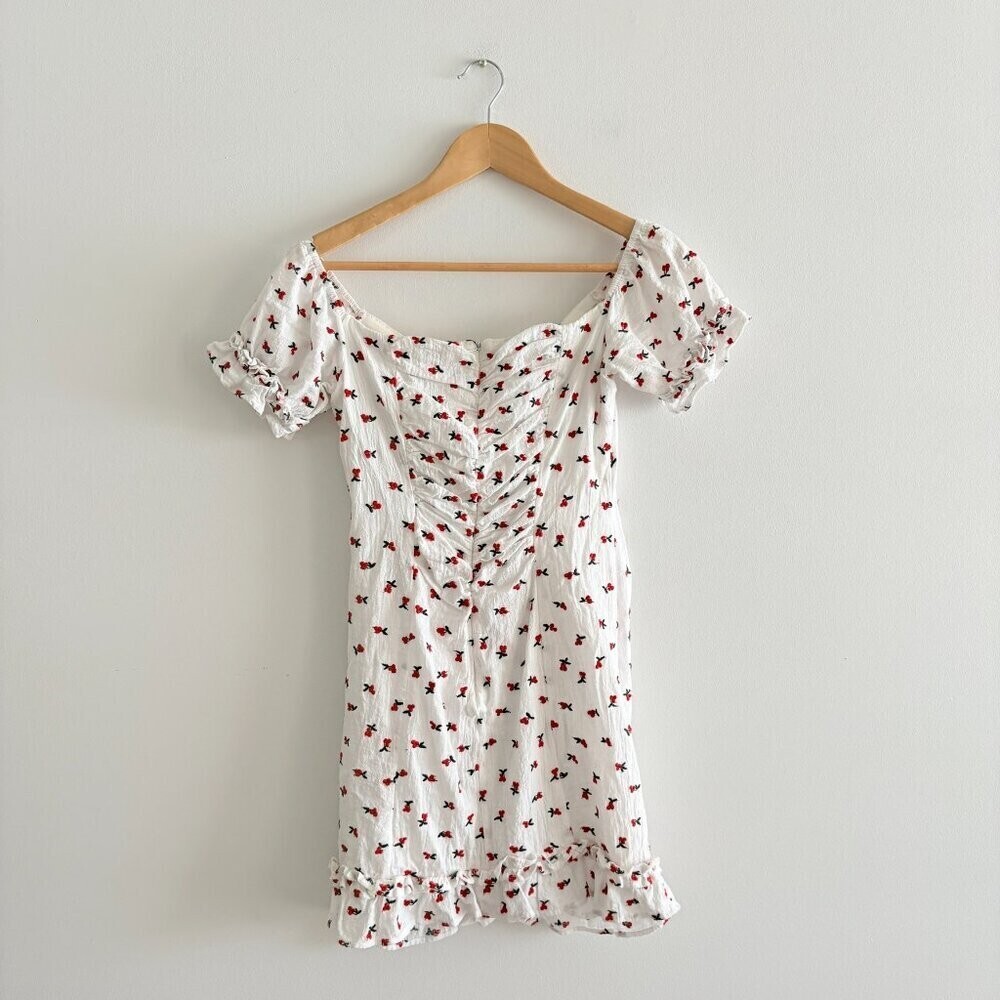 Zara Cherry Puff Sleeve Ruched Mini Dress White Red Size Medium - Picture 7 of 11